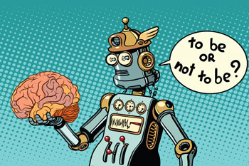 robot holding brain, saying to be or not to be