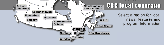 Map of Canada with links to CBC's regional coverage