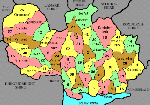 map showing Dumfriessire Parishes