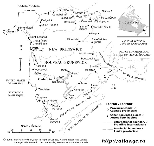 map of New Brunswick with place names