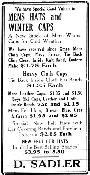 Newspaper advertisement for mens' hats and winter caps