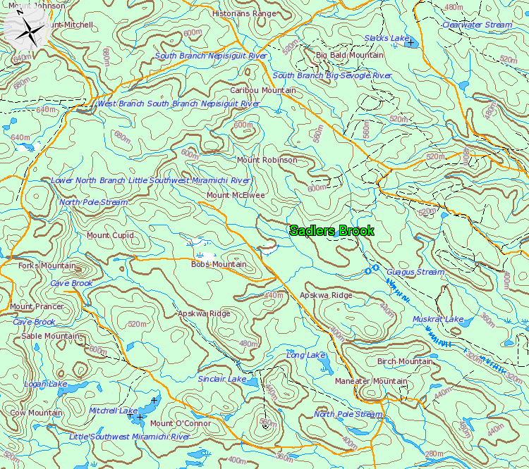 Topographical map of Sadlers Brook, scale = 1:120 000