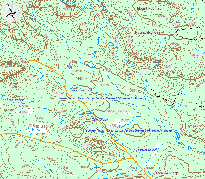 Topographical map of Sadlers Brook, scale = 1:40 000